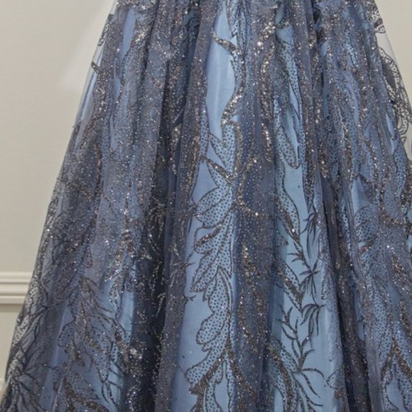 NEW SMOKEY BLUE FLORAL GLITTER PRINT Evening BALL EVENING PARTY GOWN Dress CD812 - Picture 7 of 7